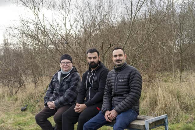 Eastmoor residents campaigned to save hundreds of trees planted by school children off Park Lodge Lane after Bridge Homes' original housing scheme was approved. Left to right: Matt Wilson, councillor Akef Akbar and Kiran Arya. Picture Scott Merrylees.