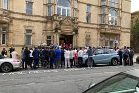Taxi drivers held a demonstration outside Wakefield Town Hall as councillor Nadiah Sharp's Labour Party disciplinary hearing took place.