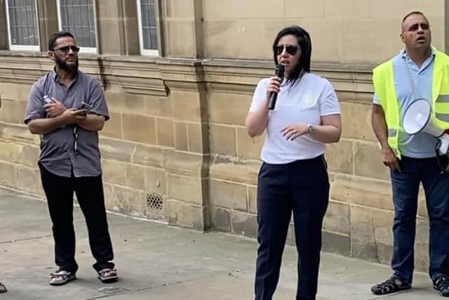 Councillor Nadia Sharp spoke in support of Wakefield taxi drivers outside Wakefield Town Hall in July.