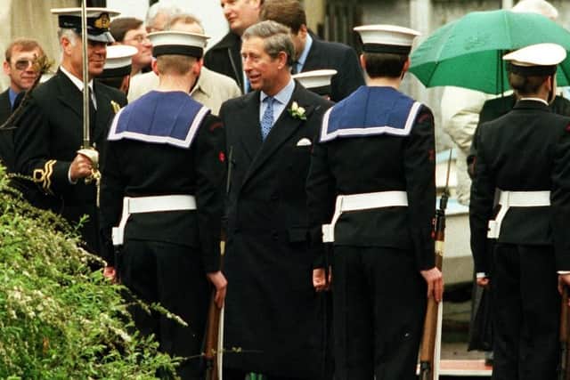 Kings Charles inspects the Wakefield Sea Cadets during a tour of the Wakefield Waterfront Regeneration Project in 1999.