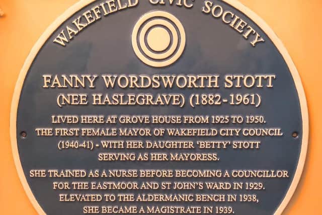 Blue plaque in honour of Wakefield's first female Mayor Fanny Stott.