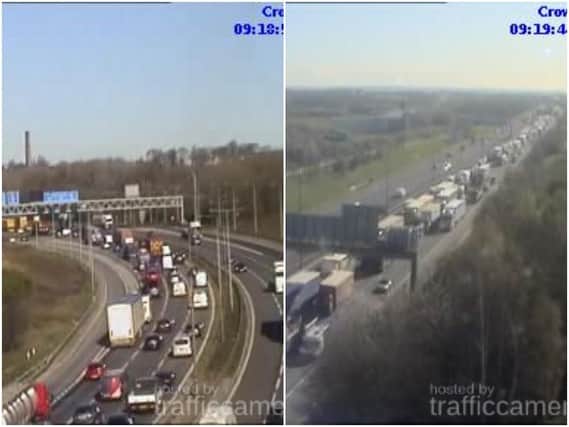 Drivers in Wakefield are facing long delays this morning, after a collision on the M62 saw a section of the motorway closed amid almost 10 miles of traffic. Photos: Highways England