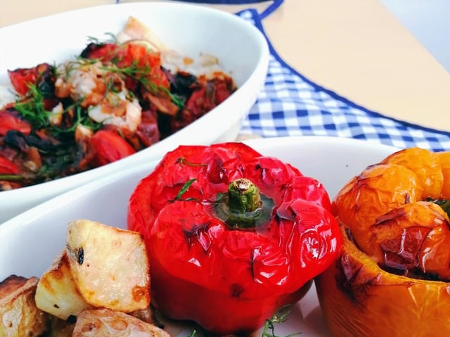Stuffed peppers and Mediterranean-style cod