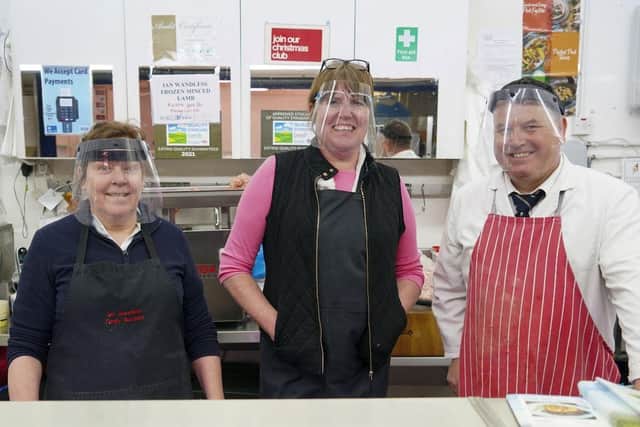 Market workers Lesley Hart, Christine Booth and Neil Beardmore.