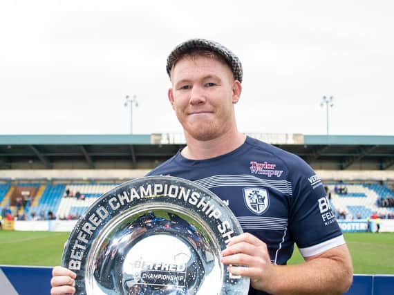 Former Featherstone captain Ian Hardman with the Betfred Championship Shield after his side defeated Leigh Centurions in the 2018 Super 8's Final. Picture by Allan McKenzie/SWpix.com.