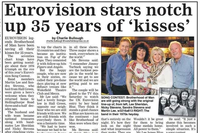 Husband and wife team Lee Sheridan and Nicky Stevens joined Brotherhood of Man in 1972, three years after the band was formed by record producer and composer Tony Hiller. Just four years later, the group would go on to win the 1976 Eurovision Song Contest. Pictured is an article from the Wakefield Express in 2011.