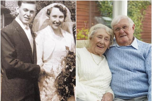 Wendy and Gordon Mann on their wedding day in 1956 and preparing for their 65th wedding anniversary in 2021.