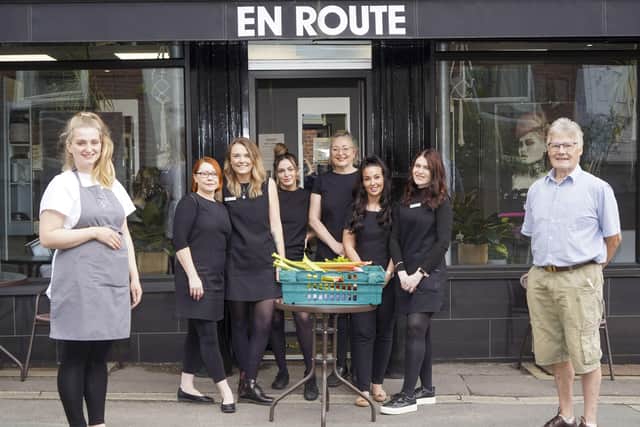 En Route hair salon in Walton is at the forefront of a sustainability project in the. village. Pictured Lauren Crowther from Whisk cafe, staff from En Route and allotment chairman Alan Berry. Picture Scott Merrylees