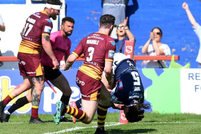 A spectacular finish from Wakefield winger Liam Kay. Picture by Simon Hulme.