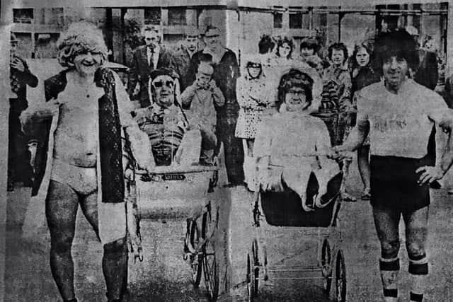 The first pram race: Fred Strutt, Sam Lloyd, Ernest Wood and Eddie Eton