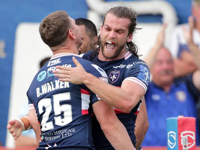 Wakefield Trinity winger Liam Kay celebrates scoring against former club Leigh Centurions. Picture: Richard Sellers/PA Wire.