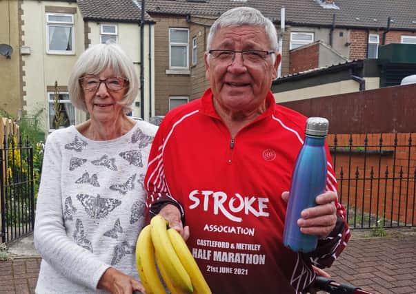 Keith Moorby, 74, with wife Joyce, ready to set off on a half-marathon walk to raise money for the Stroke Association.