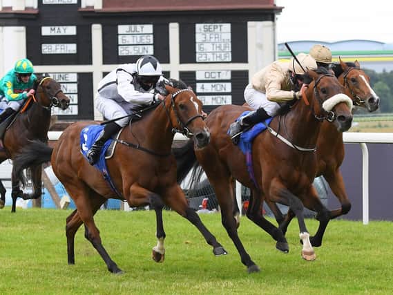 Gis A Sub, ridden by Tom Eaves, wins the £20,000 British Stallion Studs EBF Spindrifter Conditions Stakes at Pontefract. Picture: Alan Wright