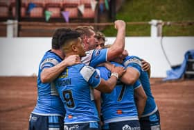 ANOTHER ONE: Featherstone Rovers players celebrate during their win over Bradford Bulls on Sunday as they made it 13 league games unbeaten this year. Picture: Dec Hayes Photography.