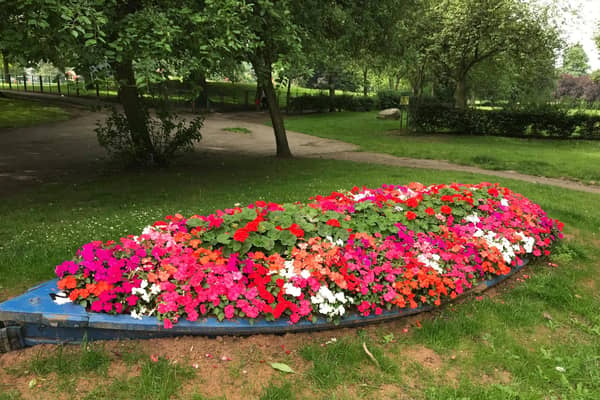 Pontefract in Bloom, one of the old rowing boats in Pontefract Park turned into a planter.