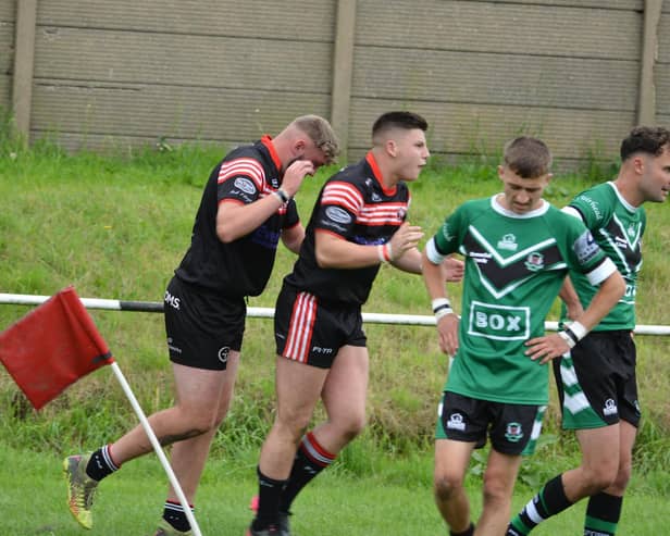 Normanton Knights celebrate scoring a try against Milford. Picture: Rob Hare