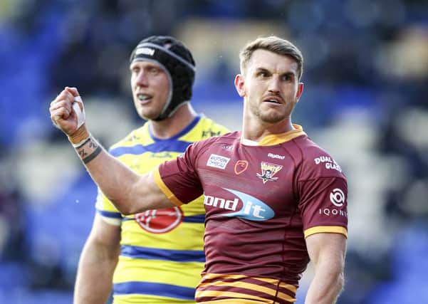 Huddersfield Giants' Lee Gaskell celebrates scoring a try. Picture: Paul Currie/SWpix.com