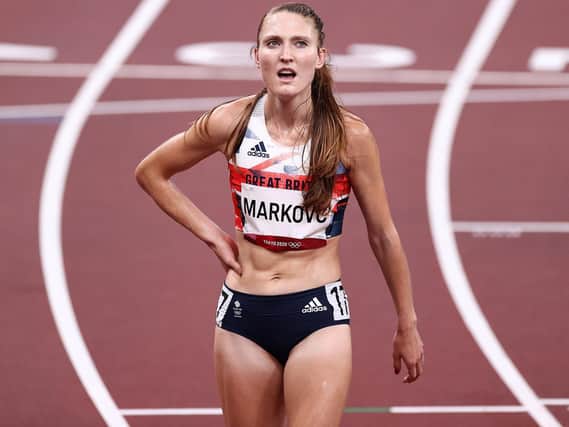 Amy-Eloise Markovc  after crossing the line at the end of her race in the heats of the women’s 5,000m in Tokyo. Picture: Ryan Pierse/Getty Images