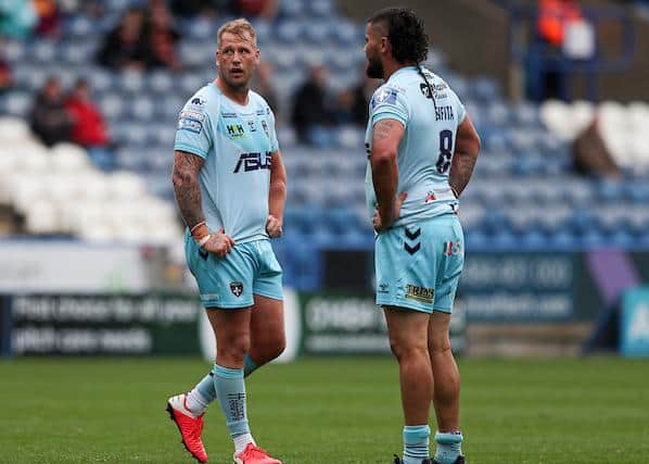Joe Westerman, left and Dave Fifita look dejected as things go wrong for Trinity at Giants. Picture by Paul Currie/SWpix.com.
