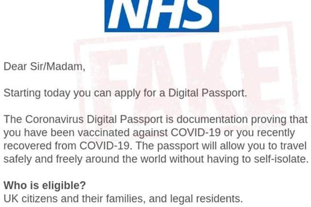The emails claim to be able to provide people with a “digital passport” that “proves you have been vaccinated against COVID-19”.