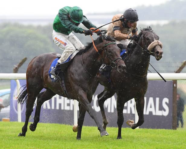 Two-year-old Hamaki wins an exciting finish for the William Haggas team on Pontefract's Ladies Day. Picture: Alan Wright