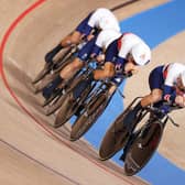 Ollie Wood of Team Great Britain and teammates sprint during the men ́s team pursuit first round at the Tokyo Olympic Games. Picture: Justin Setterfield/Getty Images