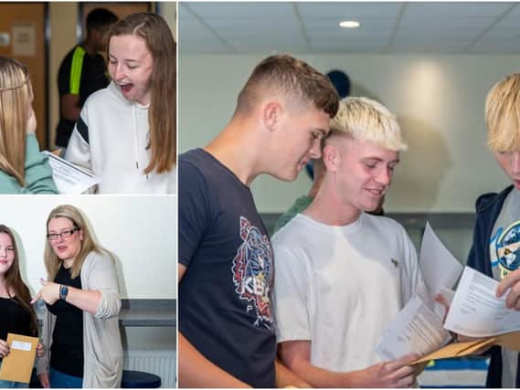 Top left  Libby Shepherd (facing camera) on GCSE results day at Minsthorpe Community College, bottom picture Charlotte Downing gets her results and Kendall Howcroft, Hayden Pickard, Noah Micklefield pick up their results together.