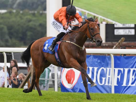 Double Or Bubble, ridden by Jack Mitchell, is clear on the way to winning the EBF Stallions Highfield Farm Flying Fillies’ Stakes at Pontefract. Picture: Alan Wright