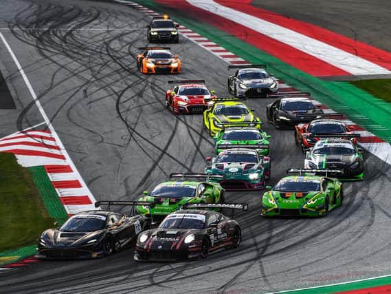 Cars on the Red Bull Ring track compete in the International GT Open. Picture: Optimum Motorsport, photo by FotoSpeedy