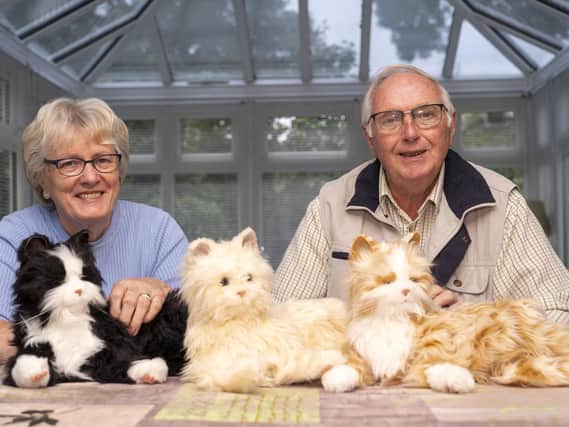 Sheila Wainwright and Peter Clarke  -president of Wakefield Rotary with the robotic cats. Picture Scott Merrylees