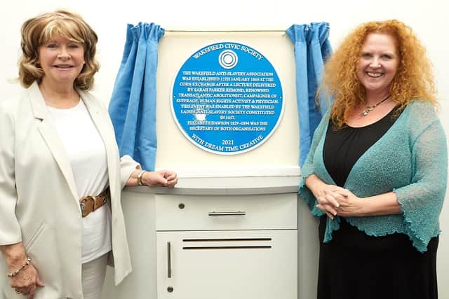 Leader of Wakefield Council Denise Jeffery and Sarah Cobham, director of Dream Time Creative, with the Blue plaque honouring the women abolitionists.