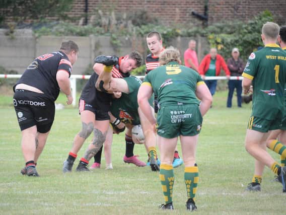 Tough tackling action from Normanton Knights' National Conference Shield game against West Hull. Picture: Rob Hare