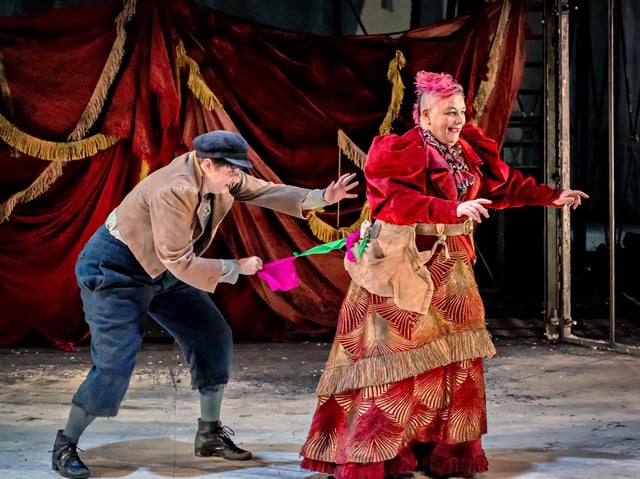 Brooklyn Melvin (Oliver) and Caroline Parker (Fagin) in Oliver Twist at Leeds Playhouse. Photograph: Anthony Robling