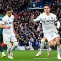 Diego Llorente celebrates his match winning goal for Leeds United against Watford.