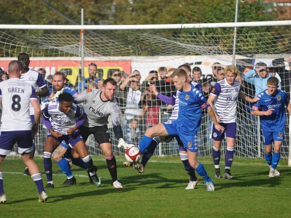 Pontefract Collieries on the attack in their FA Cup fourth qualifying round tie against Halifax Town.