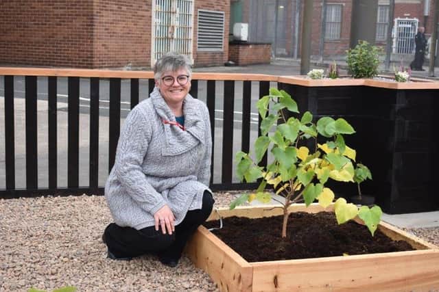 Andrea Parker with the mulberry bush she nurtured for two years.