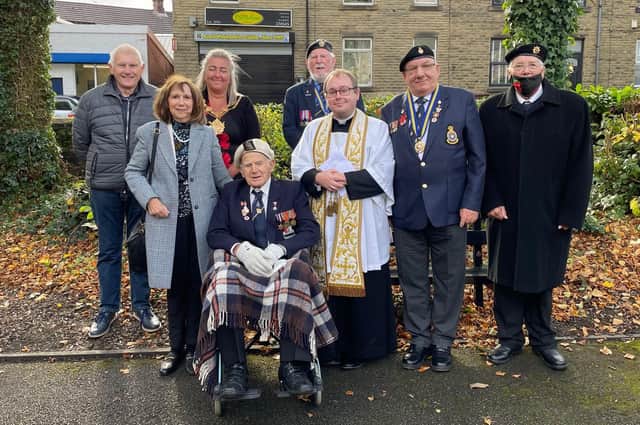Arctic veteran John Hirst (seated) with, from left, Keith Lister and Ann Webster from Horbury Common Lands Trust; mayor of Wakefield Coun Tracey Austin; John Lockwood, president of Horbury branch of the Royal British Legion; Fr Christopher Johnson; Malcolm Patterson, chairman of Horbury branch of the Royal British Legion; Harry Wakefield, vice-president  of Horbury branch of the Royal British Legion.
