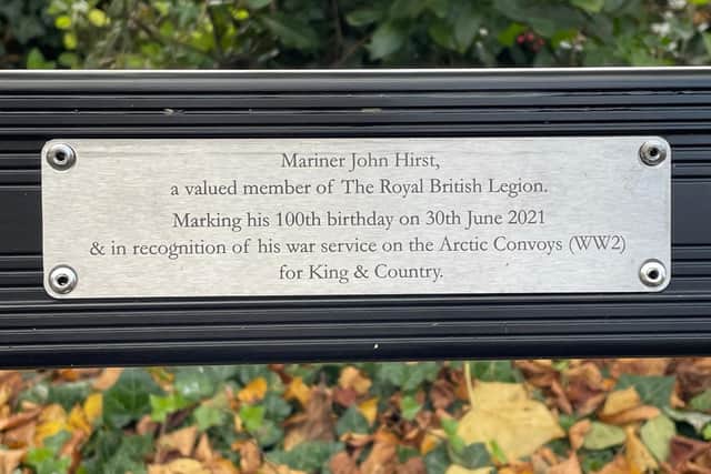 The plaque on the bench in Horbury Memorial Garden in honour of John Hirst.