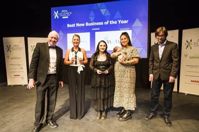 Wakefield Express Business Excellence Awards 2021. Best New Business of the Year Award. From the left, Host Harry Gration, joint winners Tania Howe from Betty Loves Candles, Lorna Westmorland and Hollie Sharpin (with three-day-old Hudson Everton) from Wild and Wood, and Wakefield Express editor Gavin Murray.