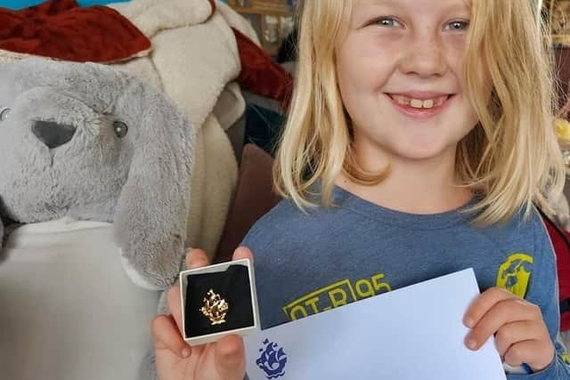 Alba with her coveted Gold Blue Peter badge - the rarest of them all