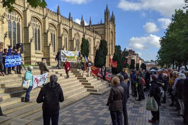 Local climate campaigners held a rally on the steps of Wakefield Cathedral, as the Spanish walkers came to town last month.