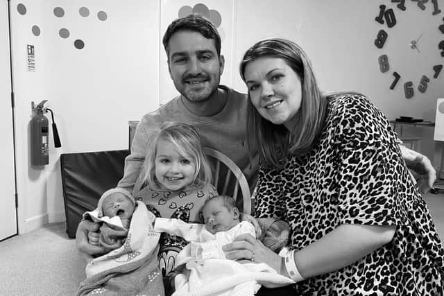Jonny and Rebecca with twins Amelia-Grace and Imogen and their big sister Ella-Rose.