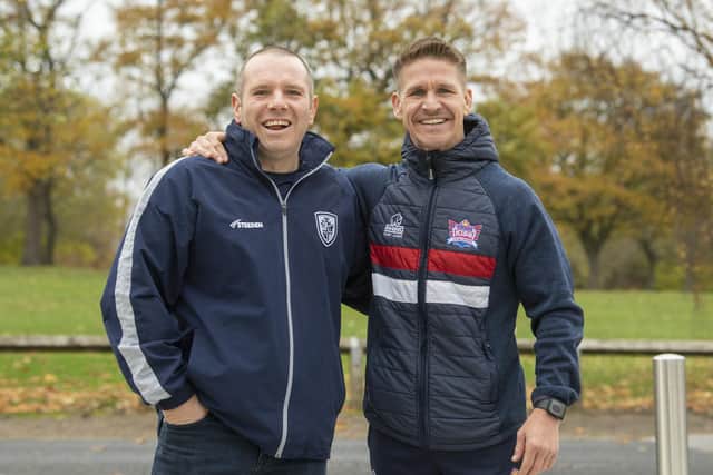 Former rugby league referee Dave Merrick (left) at Aspire at The Park in Pontefract.
He is doing a tough swim challenge to raise funds for the Leeds Hospitals Charity's Rob Burrow Centre for MND appeal.
Dave is pictured with former rugby league professional player Wayne Godwin, who is supporting him in his fundraising feat.

Picture: Tony Johnson