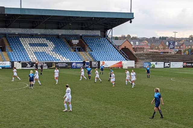 Wakefield Trinity Ladies and AFC Fylde Women on the pitch at Featherstone Rovers' Millennium Stadium.