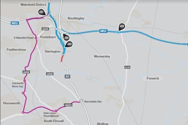 A map outlining where the diversions are when closures are in place due to A1 Darrington Interchange improvement work - the red line showing the works are taking place.