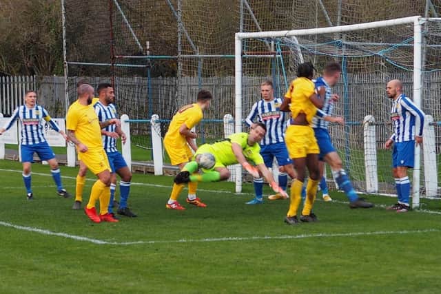 Goalmouth action from Emley AFC's FA Vase game at Newcastle Benfield. Picture: Krissi Simmons