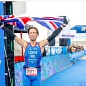 Chris Lewis at the finish line at the World Duathlon Championships.