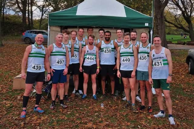 Wakefield Harriers’ men’s teams at the West Yorkshire Cross Country League at Thornes Park.