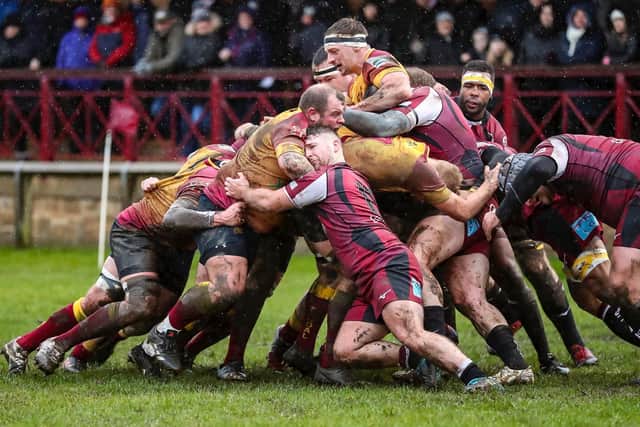 Muddy Moments: Scrummage action from Sandal's game against Rossendale. Picture: Simon Hall