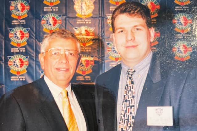 Former Sheffield Sharks assistant coach Brian Aldred is celebrating 25 years’ service at Basketball England and is seen here with NBA commissioner David Stern.
